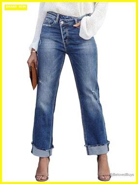 High Waisted Crossover Boyfriend Jeans Distressed Stretchy Denim